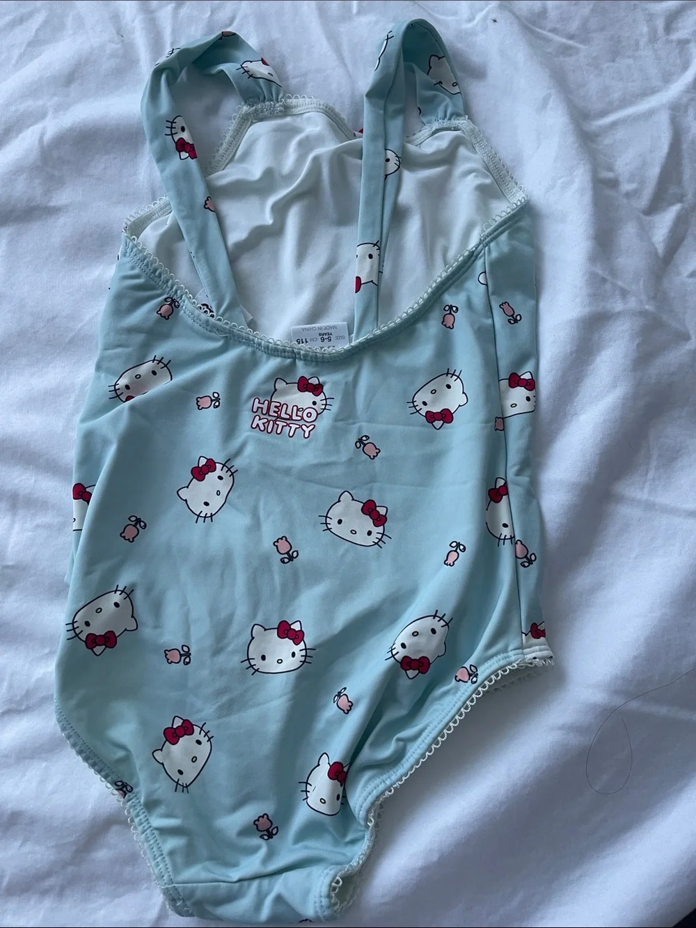 Hello Kitty Light Blue One-Piece Swimsuit with Pink Bow Print